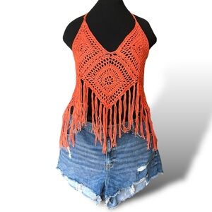 Women's Crochet Fringe Tank Top Orange 2XL Sleeveless Summer Festival Wear